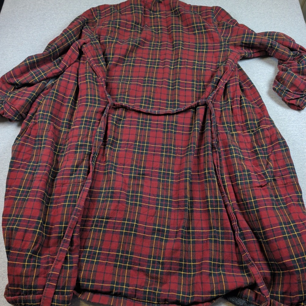 LL Bean Mens Flannel Robe Fleece Lined Red Plaid Cotton Pajamas Medium Regular - Picture 6 of 6